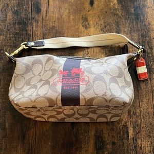 Coach Heritage Stripe Monogram PU Patent Leather Mini Handbag Brown Tan Red